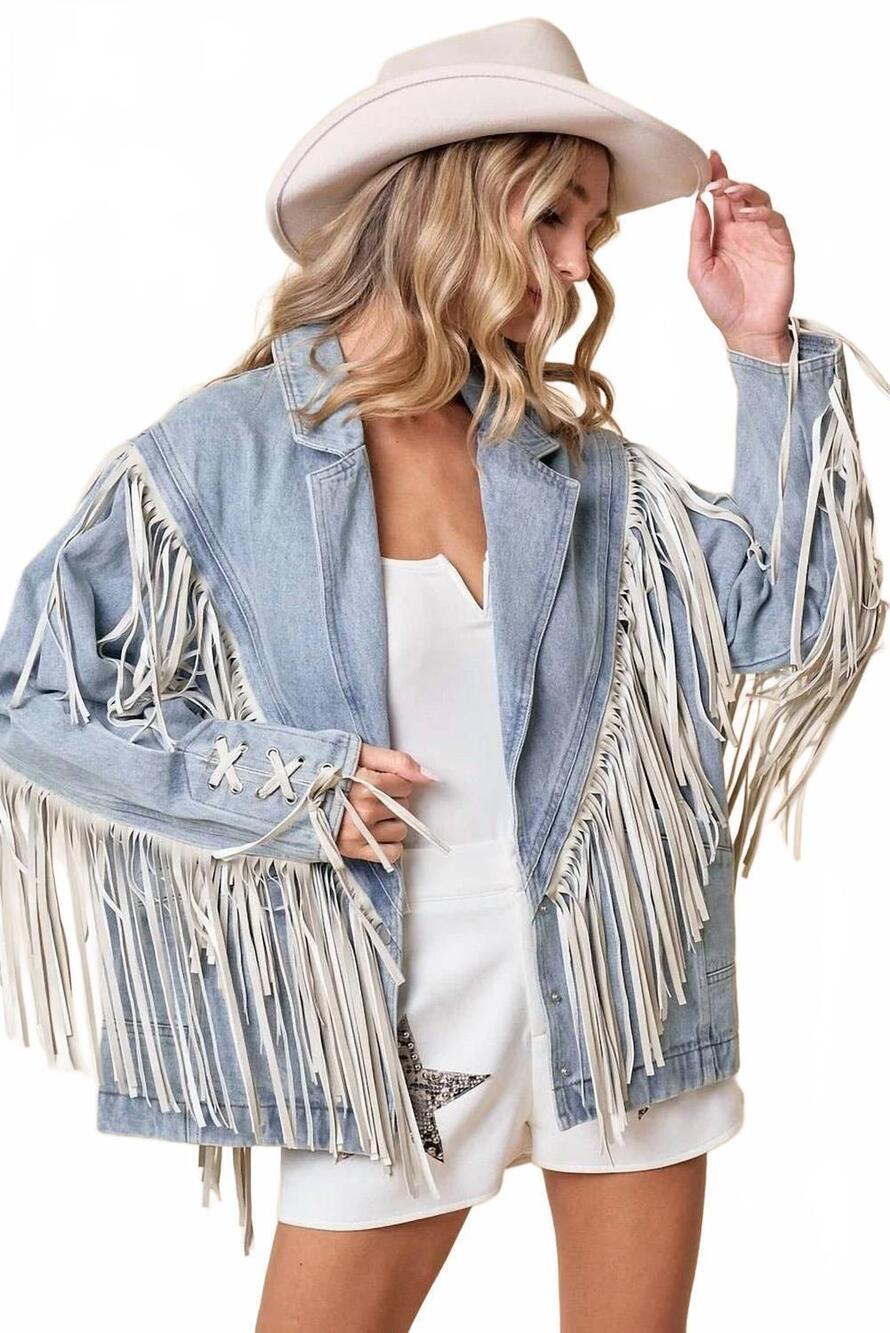 NEW SAINTS & HEARTS fringed out denim jacket in light wash